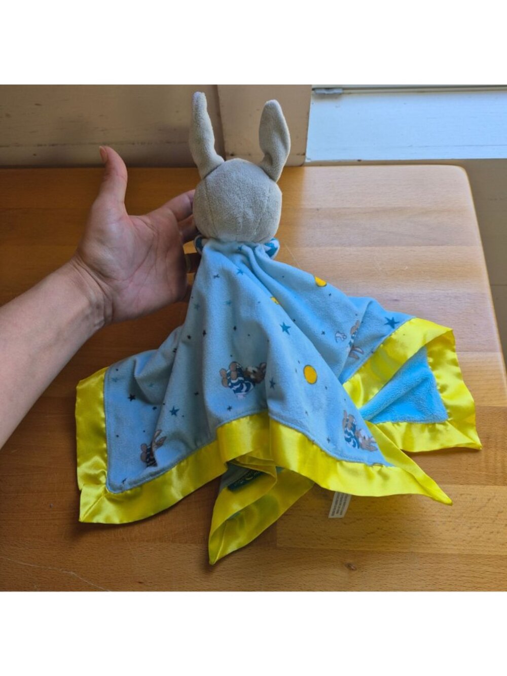 Bunny Plush Lovey Blanket Toy With Moon & Star Print Blue & Yellow Satin Trim - Picture 4 of 4